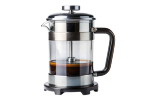 Modern French press coffee maker with a sleek stainless steel and glass design, filled with freshly brewed coffee, displayed on a transparent background png
