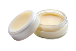 Open glass jar with natural lip balm in a creamy texture on transparent background for skincare and hydration png