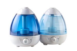 Group of portable home humidifiers with glossy blue domes, showcasing functional elegance on a pristine white backdrop png