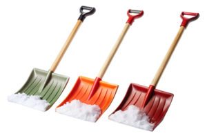 Brightly colored snow shovels featuring red, blue, and yellow blades with ergonomic wooden handles on a white backdrop png