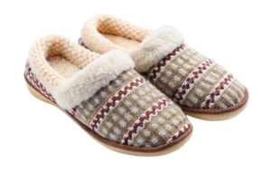 Pair of cozy plaid and knitted slippers with soft fleece lining, designed for ultimate comfort and warmth on a transparent background png