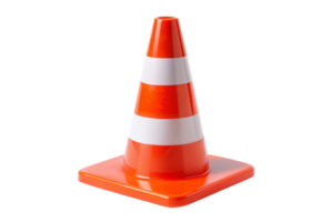 Orange and white striped traffic cone isolated on a transparent background for road safety, construction, and warning signs png