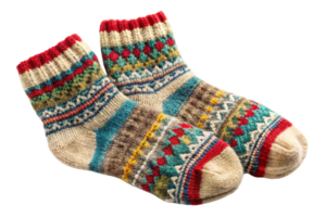 High quality woolen socks with bright and intricate patterns, highlighting traditional knitting styles, presented on a neutral transparent background png