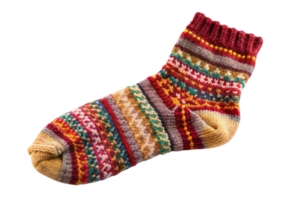 Handmade colorful woolen sock with intricate traditional patterns in warm tones, isolated on a transparent background, perfect for winter comfort png