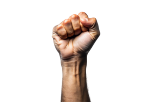A human fist held high in a gesture of power and protest, isolated on a transparent background, conveying messages of strength, freedom, and solidarity png