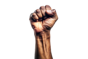 An image of a raised fist in the air, symbolizing power, rebellion, and justice, with a clean transparent background, often associated with social movements png