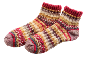 Pair of cozy knitted woolen socks featuring vibrant patterns and soft textures, ideal for cold weather, displayed on a clean white surface png