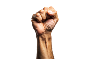 A strong raised fist gesture symbolizing solidarity and strength, isolated against a clean transparent background, representing empowerment and resistance png