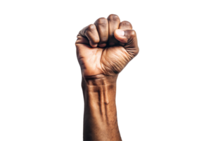 Close up of a clenched fist raised in the air, a powerful symbol of defiance and unity, on a neutral white backdrop for motivational and activism themes png