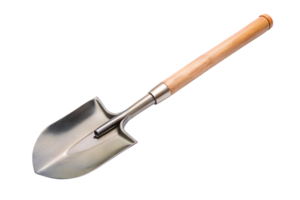 Close up of a metal shovel with a wooden handle for gardening, showcasing sharp edges and durability on a white isolated background, ideal for professional use png