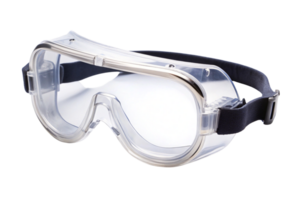 Close up view of transparent safety goggles with a black strap, designed for eye protection, isolated on a clean transparent background png