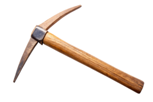 A close up view of a classic pickaxe with a wooden handle and metal head on a clean transparent background for mining and construction themes png