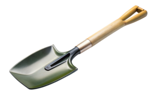 Detailed view of a metal garden shovel with a wooden handle and sharp edge for digging, displayed on a transparent background, a tool for outdoor work png