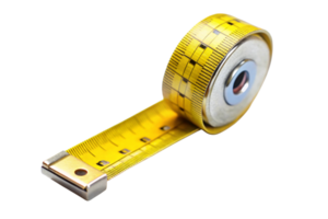Close up of a yellow measuring tape rolled out, displayed against a transparent background for precise measurement representation png