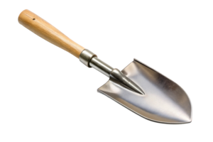 High quality close up shot of a small hand shovel with a wooden handle on a clean transparent background, ideal for gardening or landscaping tasks png