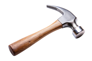 Close up of a traditional claw hammer with a wooden handle and shiny steel head, perfect for home improvement and carpentry themes png
