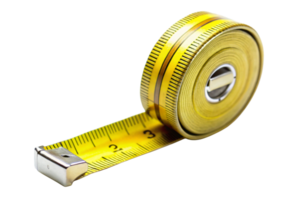 Yellow measuring tape with a metal edge, extended partially, isolated on a clean transparent background for construction or DIY use png