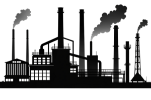 Monochrome factory illustration showing industrial buildings and chimneys on a white backdrop png