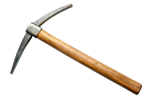 Traditional mining pickaxe with a sharp curved steel head, wooden handle, isolated on a transparent background for industrial and labor concepts png