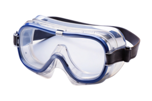 A pair of protective safety goggles with a clear lens and adjustable strap, perfect for industrial and construction use, set on a white backdrop png