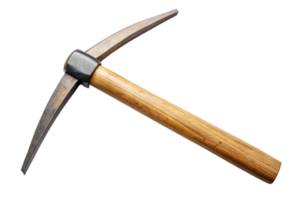 Close up image of an old fashioned pickaxe with a strong wooden handle and metal head against a white backdrop, ideal for mining and working scenes png