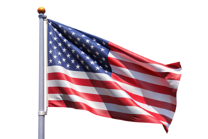American flag with fifty stars and thirteen stripes waving majestically on a white backdropPatriotic display of the United States flag on a pole in motion against a clean transparent background png