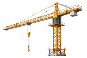 Industrial construction crane with extended arm and lifting hook, representing engineering, building, and infrastructure development png
