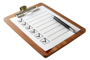 Detailed image of a clipboard and pen with a marked checklist, highlighting business or personal productivity themes on a transparent background png