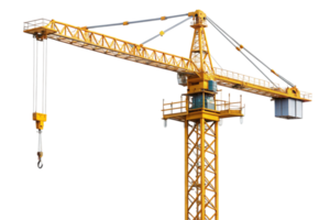 Tower crane designed for construction and engineering projects, emphasizing height, durability, and functionality on a clean white backdrop png