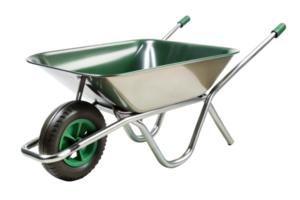 Modern and functional wheelbarrow with green body and high quality wheel for efficient use in garden, farming, or construction tasks png