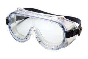 A clean, minimalistic image of safety goggles with clear lenses and an elastic band, designed for personal eye safety, placed against a transparent background png