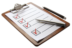 Professional clipboard holding a checklist with completed tasks, representing productivity, organization, and planning on a white surface png
