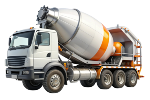 Side view of a concrete mixer truck with detailed components and bright colors, emphasizing industrial utility and transportation png