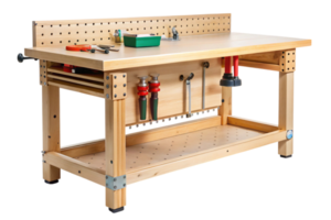 Wooden workbench with a pegboard tool storage, drawers, and a selection of tools such as screwdrivers and a wrench png