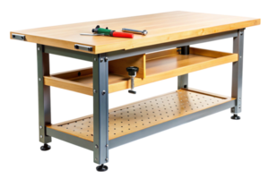 Close up view of a wooden workbench with tools on top including a hammer, screwdriver, and wrench in a workshop environment png