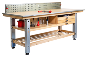 Modern workbench with tools neatly placed on top, with a shelf for storage and a pegboard to organize tools and accessories png