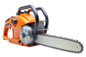 Professional chainsaw with ergonomic handle and durable chain mechanism for cutting trees and heavy duty tasks, studio shot on transparent background png