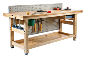 Industrial workbench with a pegboard back, several hand tools organized on the surface, and storage shelves underneath png