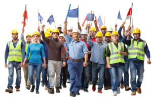 A group of construction workers protesting with colorful flags, demonstrating teamwork and determination on a bright, clean background png