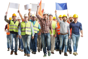 A group of diverse workers marching together with flags, showing solidarity in a protest or demonstration on a transparent background png