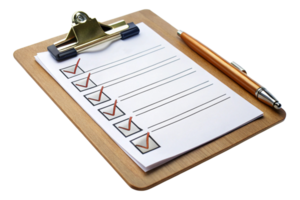 Close up of a clipboard featuring a to do list with red checkmarks and a pen, symbolizing efficiency and task management png