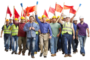 Workers in protective gear holding various flags, marching in unity to make their voices heard in a protest on a transparent background png
