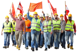 Construction workers with hard hats and reflective vests raising flags during a protest or union rally on a white backdrop png