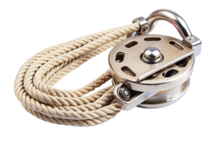 Detailed view of a steel pulley with rope wound around it, ideal for use in lifting and rigging systems, on a white backdrop png