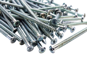 Collection of shiny metallic screws and nails arranged randomly on a white surface, representing hardware and industrial tools png