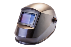 Close up view of a black welding mask with a protective screen for safety in welding jobs on transparent background png