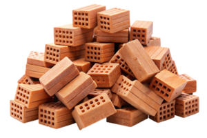 A pile of stacked red construction bricks with perforated holes, isolated on a clean transparent background, ideal for building and renovation concepts png