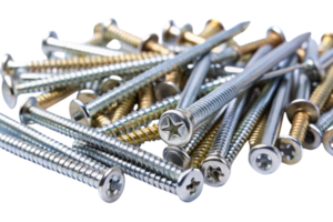 Macro shot of industrial screws and nails on a plain transparent background, showcasing detailed textures and shapes of essential hardware png