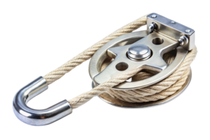 Close up of a metallic rope pulley with a thick rope, designed for lifting and mechanical purposes, isolated on a clean transparent background png