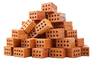 Close up of a large heap of terracotta bricks with square holes, used for construction projects and building materials, on a white backdrop png